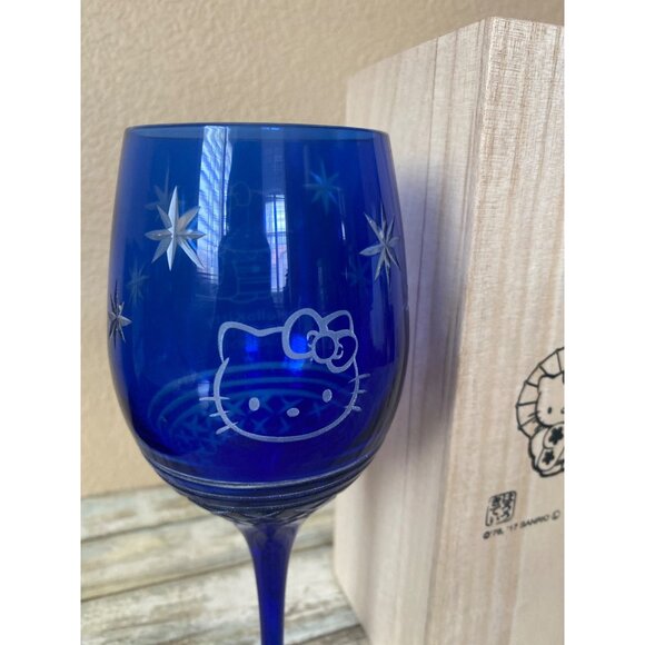 Hello Kitty Edo Kiriko Cobalt Blue Cut Glass w/ Wooden Box Sanrio Japan 2017 - Picture 5 of 12